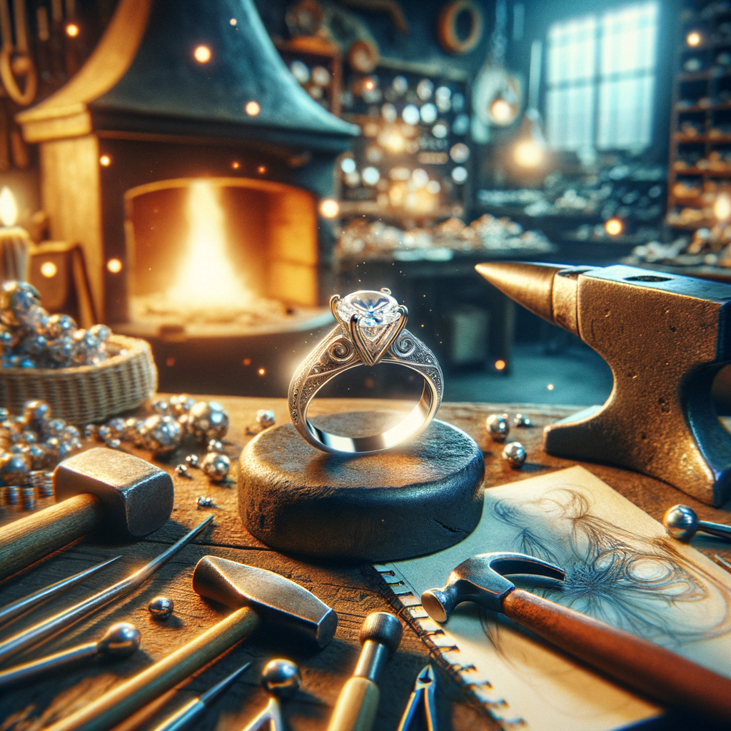 Close-up of a diamond engagement ring in a cozy jeweler's workshop with tools and a glowing fireplace.