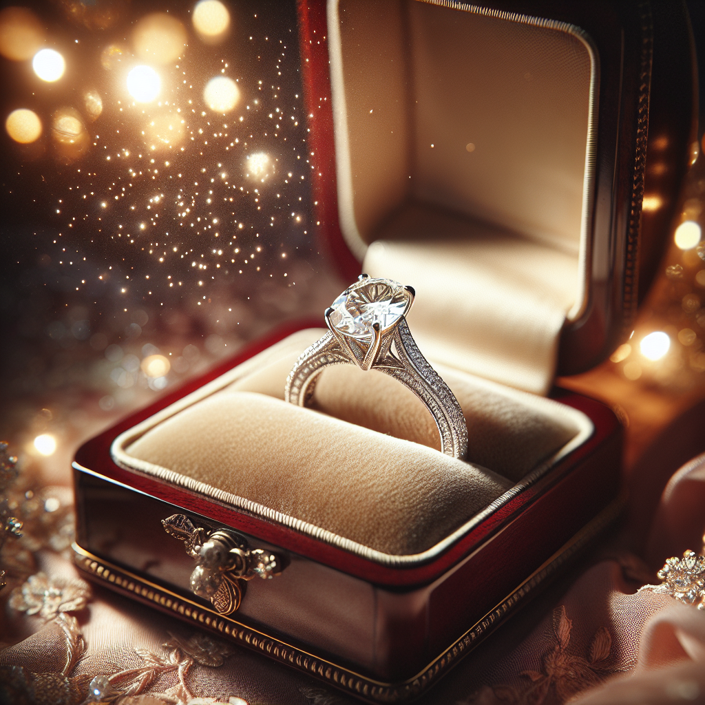 Elegant diamond engagement ring nestled in a velvet box, surrounded by sparkling bokeh lights.