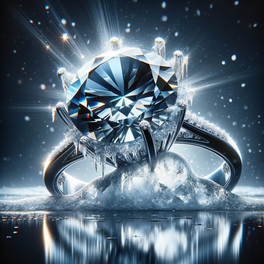 Close-up of an icy diamond engagement ring showcasing its sparkle and frost-like glow.