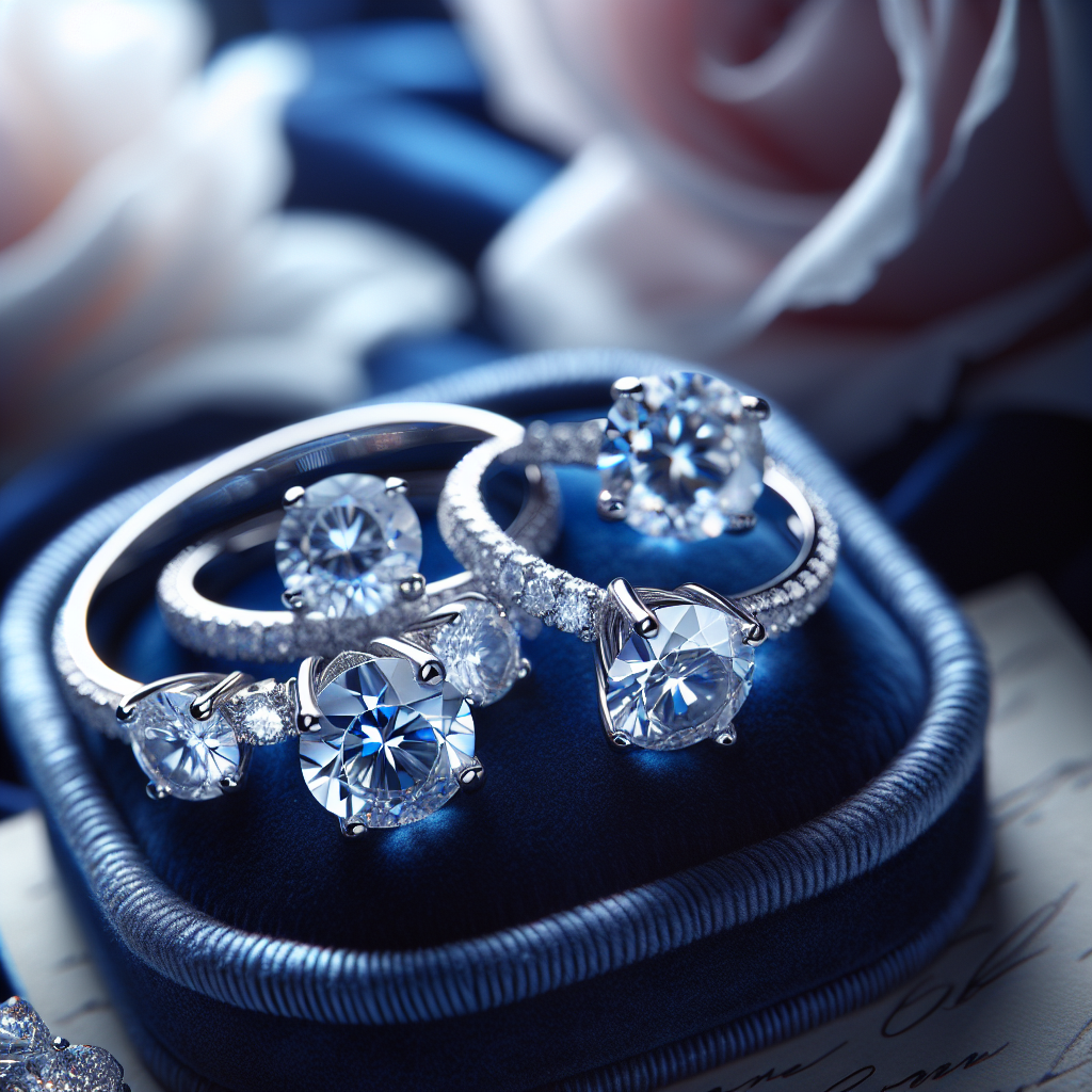 Close-up of icy diamond engagement rings on a blue velvet box, surrounded by soft floral elements.