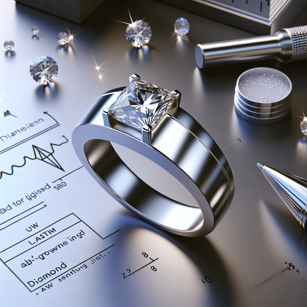 Close-up of a lab grown platinum diamond ring alongside loose diamonds and jewelry tools on a gemological report.