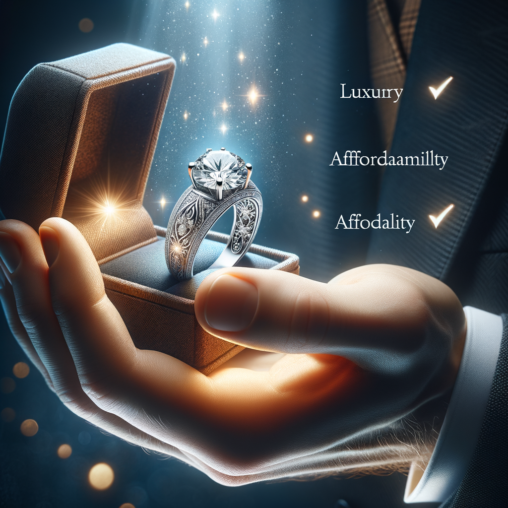 Elegant lab grown platinum diamond ring in an open box, held by a suited individual, showcasing style and sophistication.