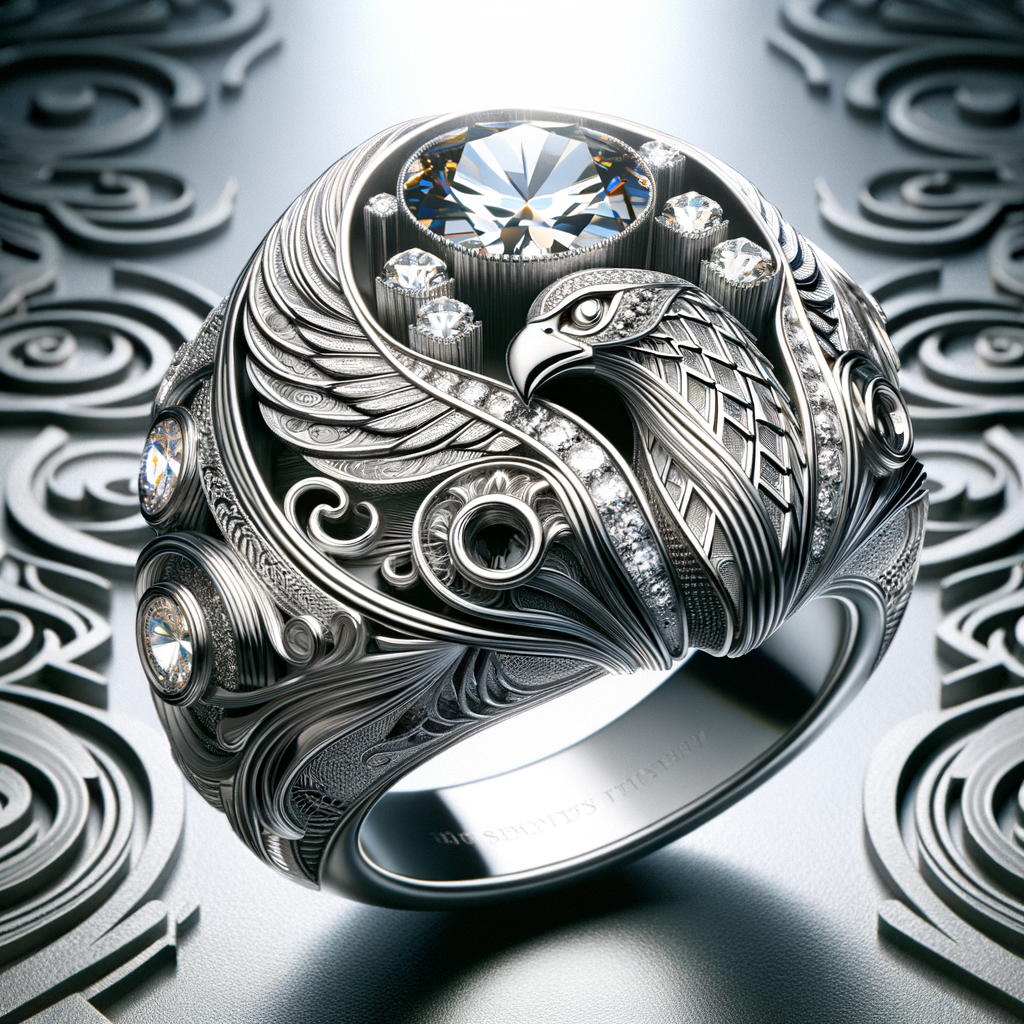 Intricate platinum engagement ring with eagle motif and diamonds, set on an elegant decorative background.