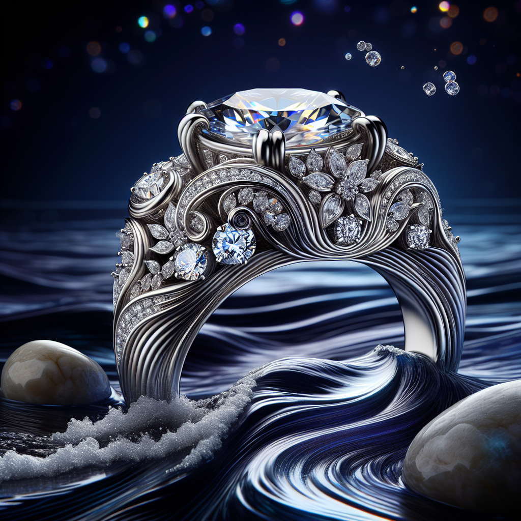 Intricately designed platinum engagement ring with floral motifs resting on a reflective surface, evoking the Nile's beauty.